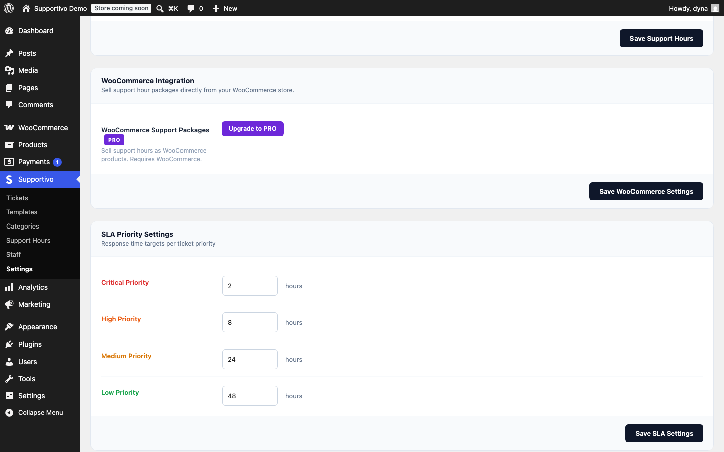 Supportivo admin screenshot: SLA Priority Settings showing configurable response-time hours for Critical, High, Medium, and Low priority