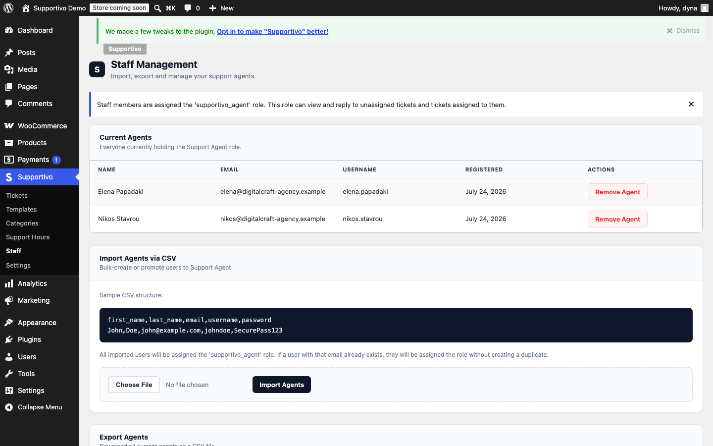 Supportivo admin screenshot: Staff Management page with current agents list and CSV import/export