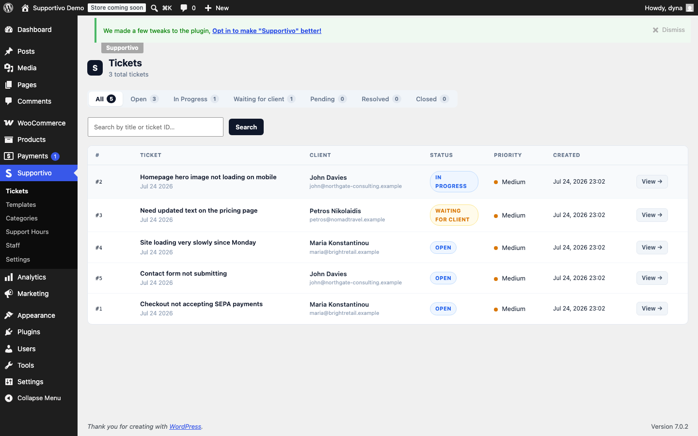 Supportivo admin screenshot: ticket list with status counts, search, and color-coded status/priority badges