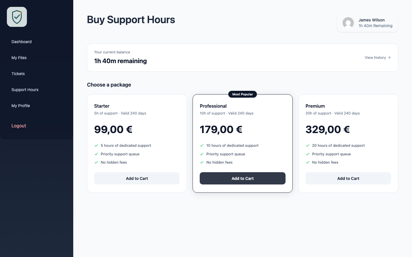 Supportivo client portal screenshot: Buy Support Hours page showing Starter (5h, €99), Professional (10h, €179, Most Popular) and Premium (20h, €329) packages with Add to Cart buttons and current balance card