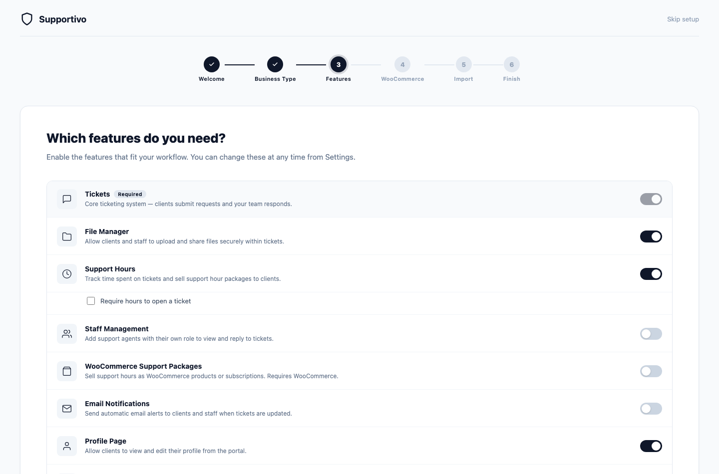 Supportivo Setup Wizard screenshot: Features step, showing toggles for File Manager, Support Hours, Staff Management, WooCommerce Support Packages, Email Notifications, and Profile Page